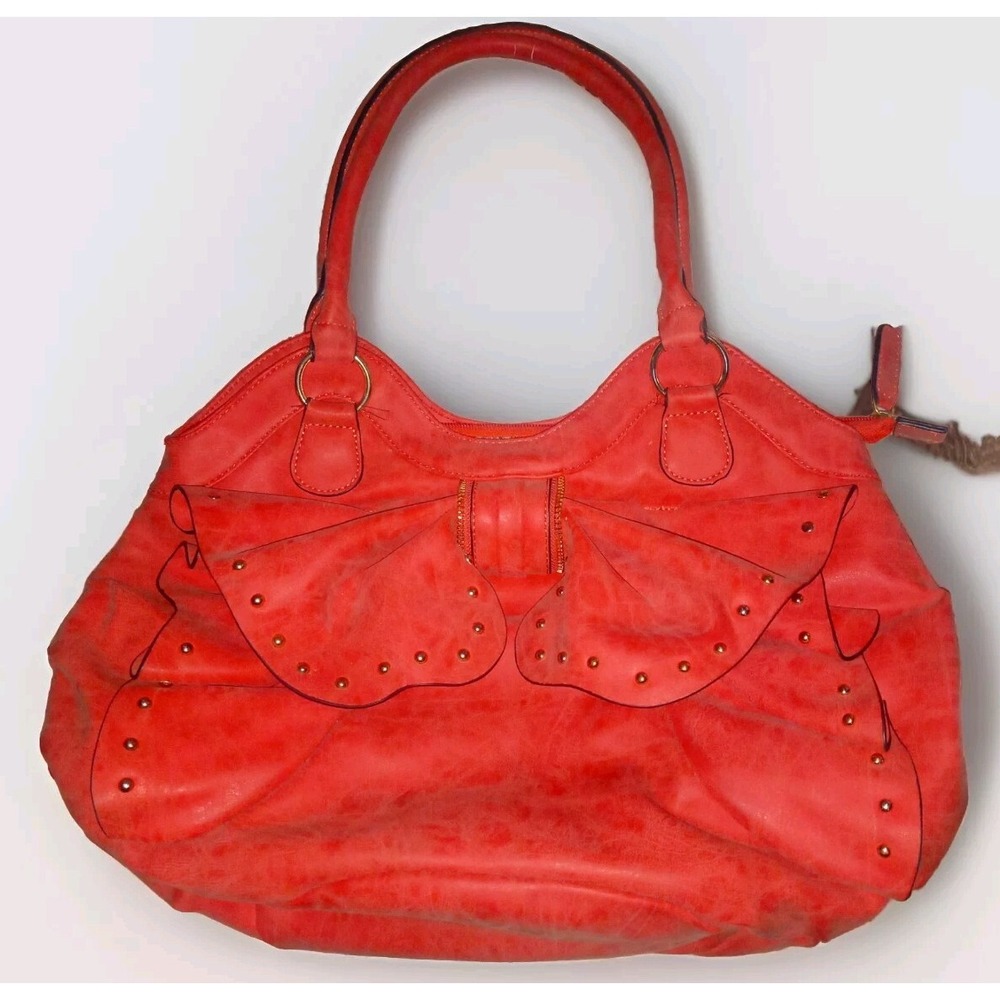 Red Brushed Leather Tote Shoulder Bag Purse with Bow Zip Close, Floral‎ Interior